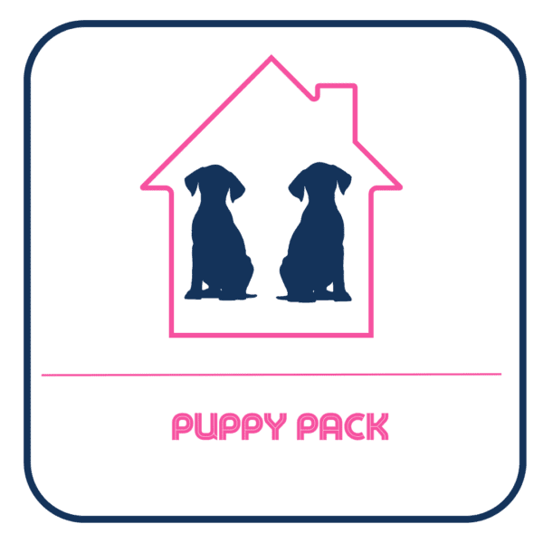 A blue and pink icon with two dogs sitting in front of a house.