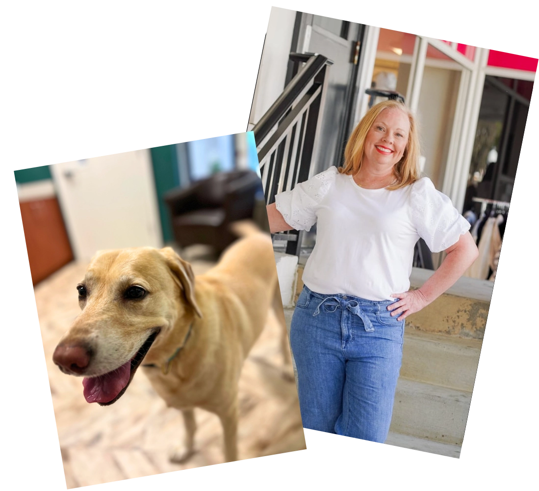 A woman standing next to a dog on the ground.