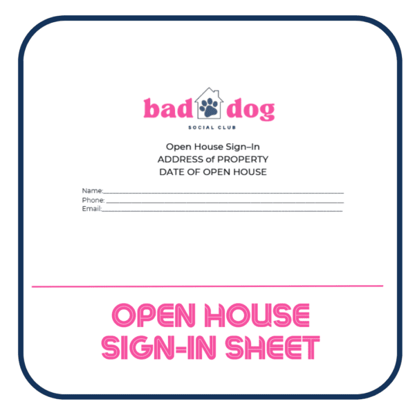 A pink and white open house sign in sheet