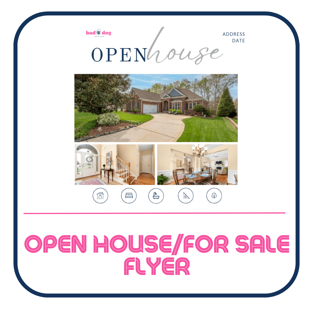 A flyer for an open house with pictures of houses.